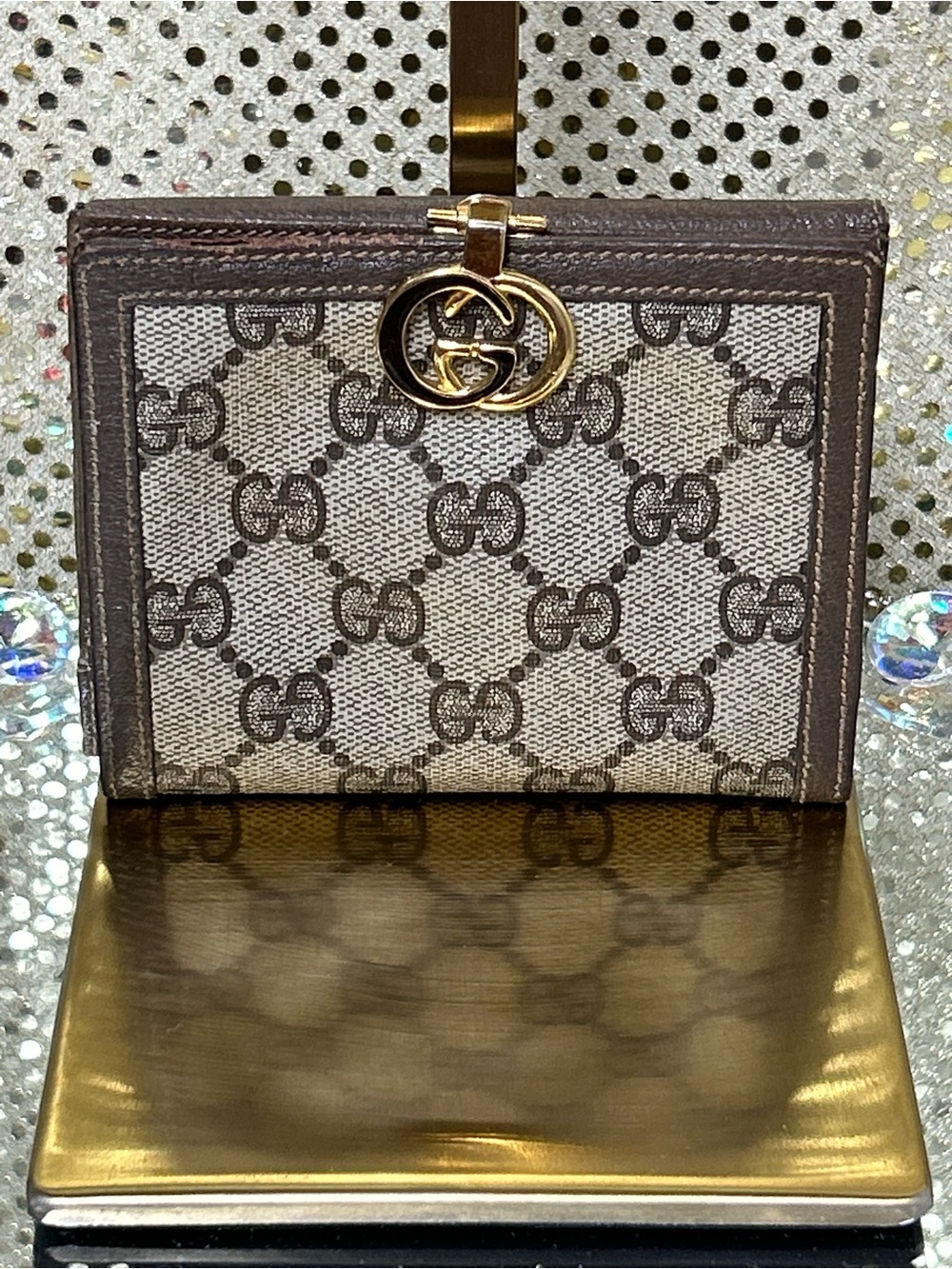 Gucci Beige Brown Monogram Canvas Wallet with Gold Double-G